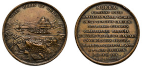 Italy, Republic of Venice, Marcantonio Giustinian, 1684-1688. Cu Medal, The Conquest of Patras and Lepanto in Morea and the fortresses of the Dardanel...