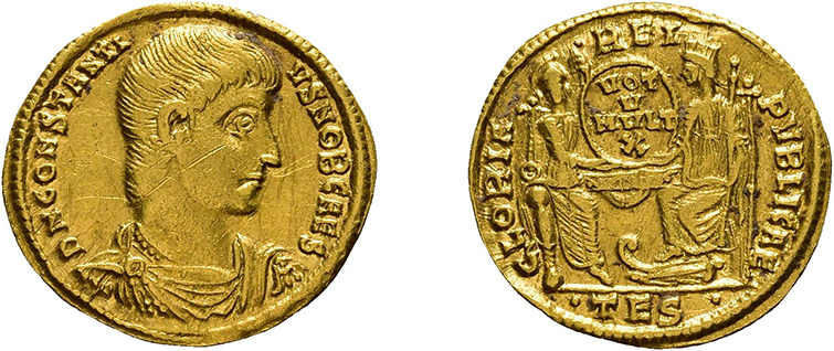 Constantius Gallus, Caesar, 351-354, Solidus (4,38g), Thessalonica. Av: Büste na...