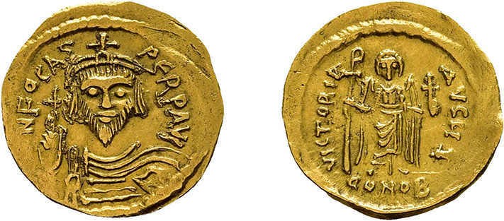Phocas, 602-610, Solidus (4,39g), Konstantinopel. Av: Brustbild mit Kreuzglobus ...
