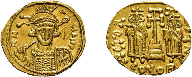 Constantinus IV. Pogonatus mit Heraclius und Tiberius, 668-685, Solidus (4,29g),...