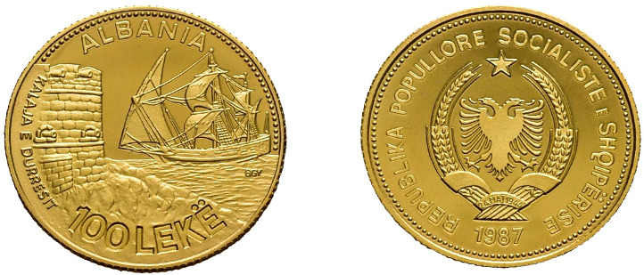 100 Leke Gold 1987, Hafen von Durazzo. Fb. 23, Mit Zertifikat in Schatulle, Poli...