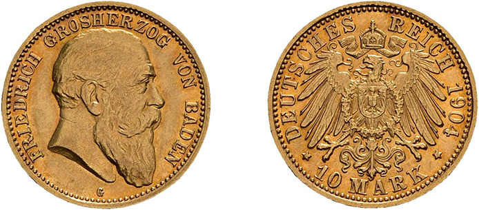 Baden, 10 Mark 1904, Friedrich I., J. 190, vorzüglich.
