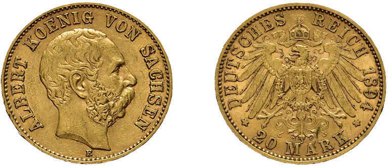 Sachsen, 20 Mark 1894, Albert, J. 264, kl. Randfehler, sehr schön. Bedingung: *