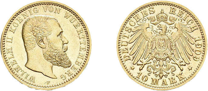 Württemberg, 10 Mark 1909, Wilhelm II., J. 295, vorzüglich bis Stempelglanz.
