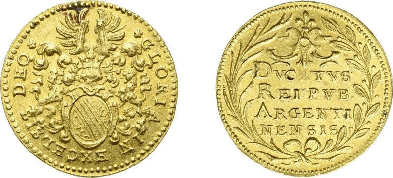 Strassburg, Stadt. Dukat (3,46g) o.J. (1650). Av: Behelmtes Stadtwappen, darum "...