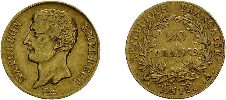 20 Francs AN12 (1803/1804), Nepoleon Bonaparte, Emperieur. Paris, Fb. 487, sehr ...