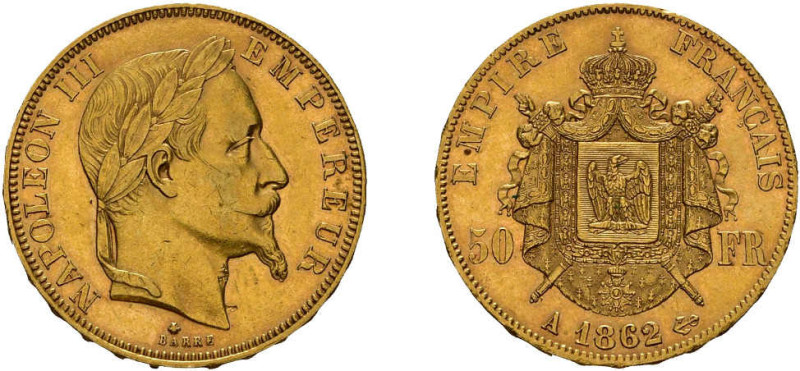 50 Francs 1862, Napoleon III., Paris. Fb. 582, kl. Kratzer, vorzüglich.