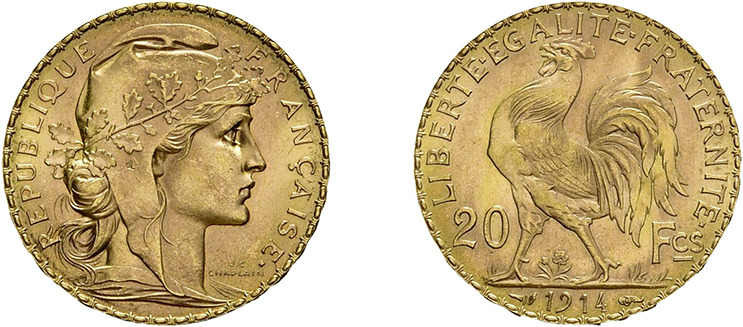 20 Francs 1914, Marianne. Fb. 596a, fast Stempelglanz.