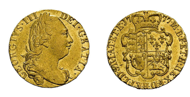 Guinea (8,35g) 1777, George III., 4th larger head. Fb. 355, Spink 3728, kl. Krat...