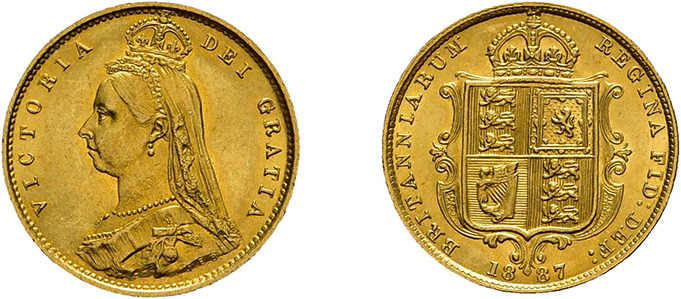 1/2 Sovereign 1887, Victoria. Fb. 393, kl. Kratzer, vorzüglich bis Stempelglanz....
