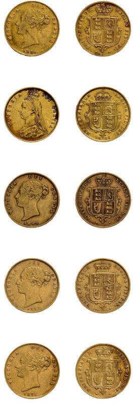 5 x 1/2 Sovereign. 1842, 1859, 1861, 1878 und 1887, Victoria. Fb. 389b und 393, ...
