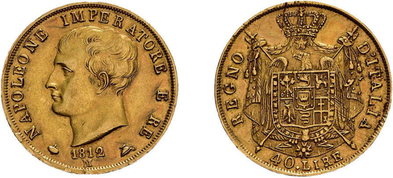 40 Lire Gold 1812, Napoleon, Mailand. Fb. 5, etwas justiert, sehr schön bis vorz...