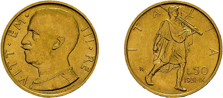 50 Lire Gold 1931, Vittorio Emanuele III., Fb. 34, vorzüglich.