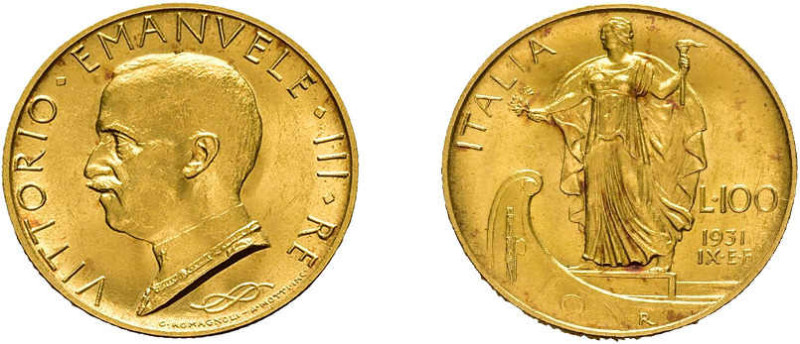 100 Lire Gold 1931, Vittorio Emanuele III., Fb. 33, kl. rote Flecken, vurzüglich...