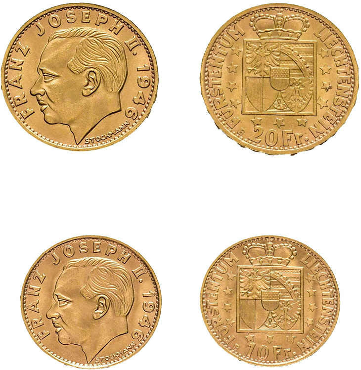 10 und 20 Franken 1946, Franz Josef II.,Fb. 17 und 18, je fast Stempelglanz.