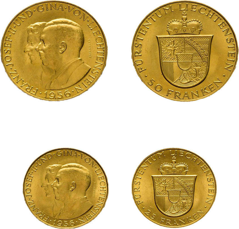 25 und 50 Franken 1956, Franz Josef II., zum 50. Geburtstag. Fb. 20 und 21, je f...