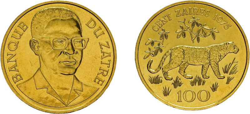 100 Zaires Gold 1975, Leopard. Fb. 1, KM 11, kl. Kratzer, vorzüglich bis Stempel...