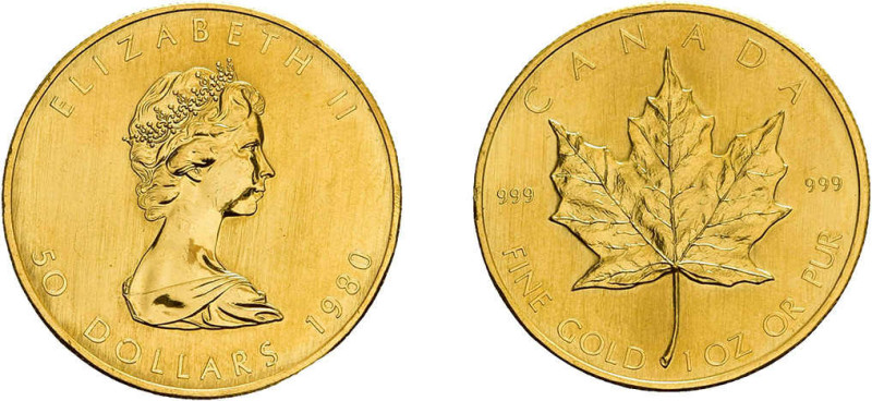 3 x 1 oz Gold 1980 Maple Leaf. Jeweils um Stempelglanz.