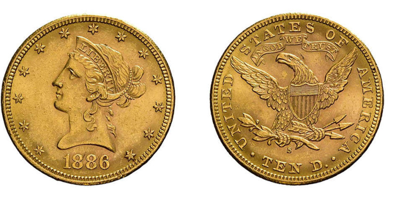 10 Dollars 1886, Gold, Liberty Head. San Francisco, Fb. 160, kleiner Randfehler,...