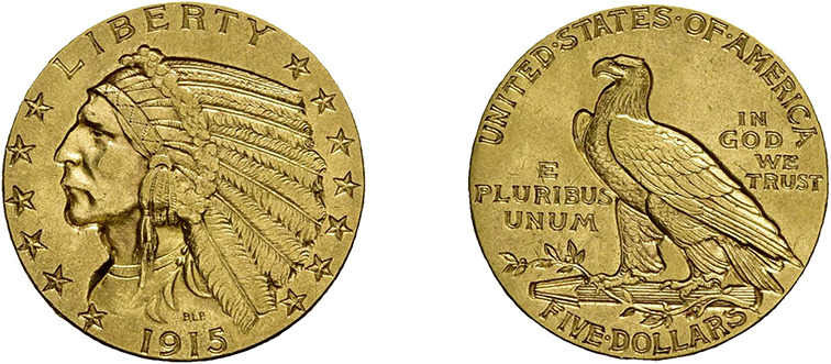 5 Dollar 1915, Indian Head, Philadelphia. Fb. 120, vorzüglich.