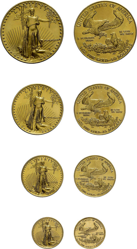 Set zu 5, 10, 25 und 50 Dollars 1987, Gold, standing Liberty. Fb. B4/B1, Stempel...