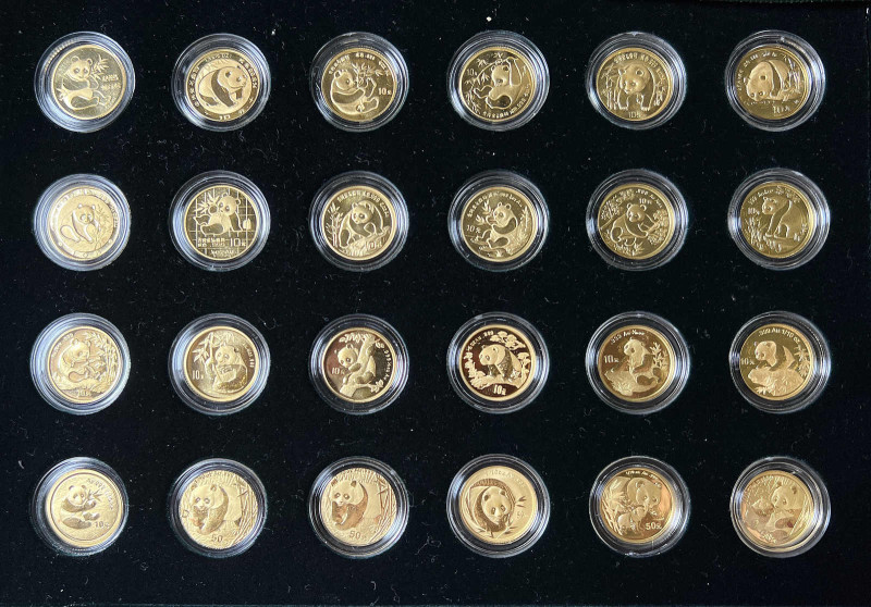 Set zu 19 x 10 und 5 x 50 Yuan Gold, 1982-2005, Panda. Mit Zertifikat in Ausgabe...
