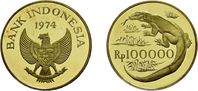 100.000 Rupien Gold 1974, Komodo-Waran. Fb. 6, kl. rote Flecken, Polierte Platte...