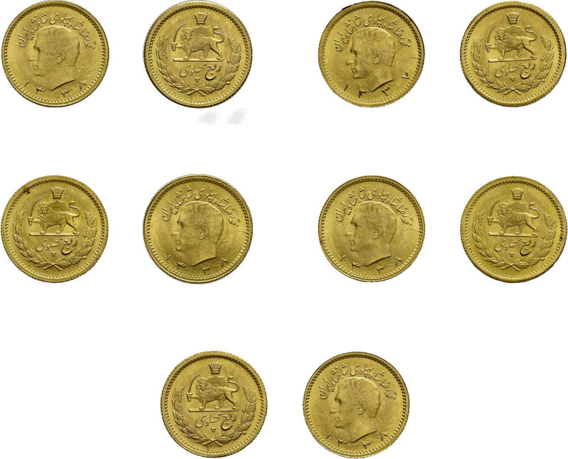 5 x 1/4 Pahlavi Gold SH 1337/1338 (1958/1959), Mohammed Riza Pahlevi. Fb. 104, j...