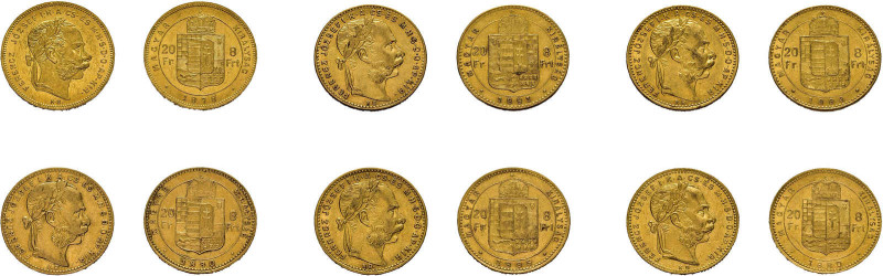 ÖSTERREICH / UNGARN, 6 x 20 Francs/8 Forint Gold Franz Joseph I. der Jahre: 1878...
