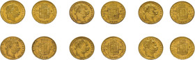ÖSTERREICH / UNGARN, 6 x 20 Francs/8 Forint Gold Franz Joseph I. der Jahre: 1878, 1880 (2x), 1885, 1888 und 1891. Erhaltung meist um sehr schön bis vo...
