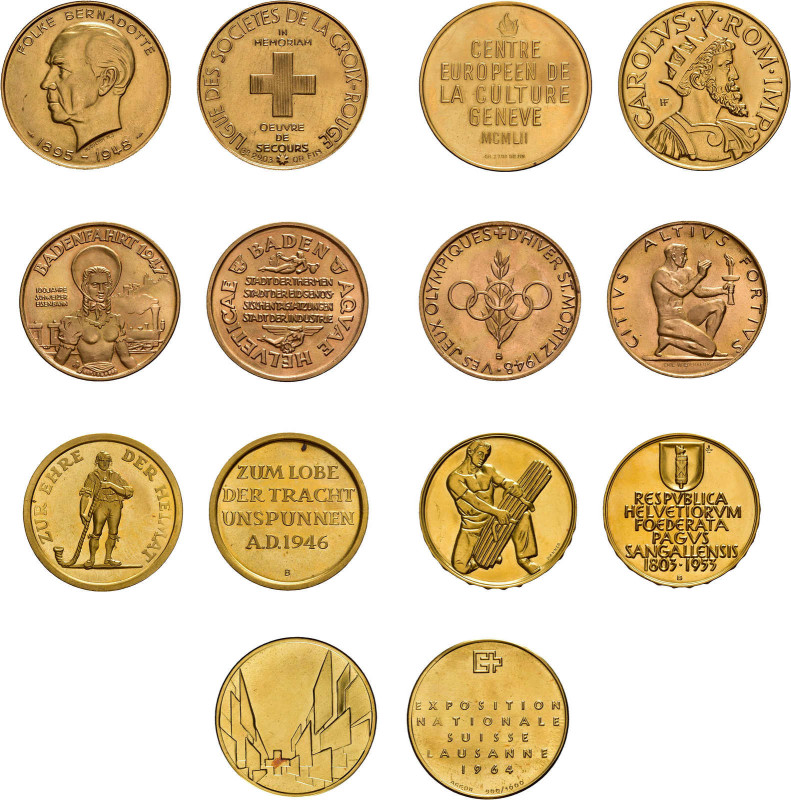 SCHWEIZ, Lot von 7 Goldmedaillen. Dabei: Goldmedaille auf Folke Bernadotte (1895...