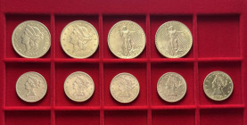 USA, Lot von 9 Goldmünzen aus dem Zeitraum 1881-1924. Dabei: 20 Dollars 1898S, 1904, 1924 (2x). 10 Dollars 1881S, 1886S, 1894 (2x) und 1904. Erhaltung...