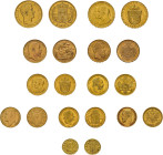 ALLE WELT, Lot von 10 Goldmünzen. Dabei: Australien 1 Sovereign1905 (Perth), Belgien 20 Francs 1875, Frankreich 40 Francs 1829A (Fassungsspuren), Liec...