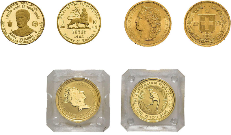 ALLE WELT, Lot von 24 Goldmünzen. Dabei: Australien 1/4 oz 1990, Frankreich 20 F...