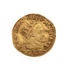 ITALIE DUCHE DE MILAN PHILIPPE II D’ESPAGNE
Doppia
A/ PHI REX HISPANI ET C
R/ MEDIO LANID
1582
Or
6,49 gr

Expert : Florian Bourguet
