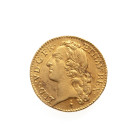 LOUIS XV
Louis d’or aux écus ovales et au buste habillé, tête ceinte d’un bandeau
A/ LUD XV D G FR ET NAV REX
R/ CHRS REGN VINC IMPER
1744 W
Or
8,17 g...
