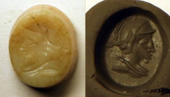 Intaille représentant un profil d'homme casqué 
Agate 
Epoque romaine
Longeur : 14 mm

Expert : Hervé Naudy