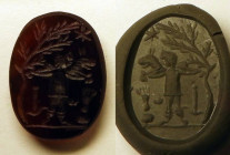 Intaille représentant un porteur d’offrande avec un animal sous un arbre et l'étoile du berger
En relation probable avec le sacrifice du mouton 
Corna...