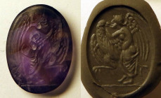 Intaille représentant un personnage et un aigle, probablement Zeus et Ganymède de façon allégorique 
Améthyste 
Longeur : 25 mm

Expert : Hervé Naudy...