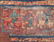 Elément de dalmatique en laine et lin (consolidation) de couleur vive 
Rare et inusuelle scène de bataille avec cavalier et chiens courants, rare repr...
