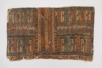 Parure de sarcophage présentant des inscriptions de hiéroglyphes en colonne et dieux debout dans des logettes
Toile peinte, stuquée et collée
Accident...