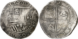 s/d. Felipe II. (Potosí). 8 reales. Visible el nombre del rey. Valor VIIII. 26,76 g. BC+.