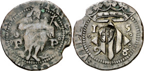 1598. Felipe III. Perpinyà. Doble sou. (AC. 51) (Cru.C.G. 3806a). Contramarca cabeza de San Juan realizada en 1603. 3,11 g. MBC.