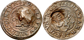 1607. Felipe III. Segovia. C. 8 maravedís. (AC. 361). Resello VIII coronado. 6,89 g. EBC-.