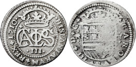 1710. Carlos III, Pretendiente. Barcelona. 2 reales. (AC. 31). 4,71 g. MBC-/BC.