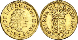 1744. Felipe V. Sevilla. PJ. 1/2 escudo. (AC. 1649). Tercer busto. Restos de soldadura en canto. 1,78 g. (MBC).