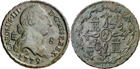 1779. Carlos III. Segovia. 8 maravedís. (AC. 76). Sombras y leves impurezas. 11,67 g. MBC/MBC+.