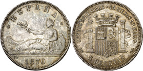 1870*1870. Gobierno Provisional. SNM. 5 pesetas. (AC. 39). Golpecitos. Bonita pátina. 25,05 g. MBC+/EBC-.