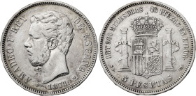 1871*1871. Amadeo I. SDM. 5 pesetas. (AC. 1). Pequeña contramarca en anverso. 25,04 g. MBC-.