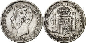 1871*-8-8. Amadeo I. SDM. 5 pesetas. (AC. 2). Estrellas flojas. 24,86 g. BC+.